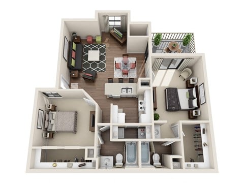 Floor plan for 2 beds, 2 baths, 1001 sqft